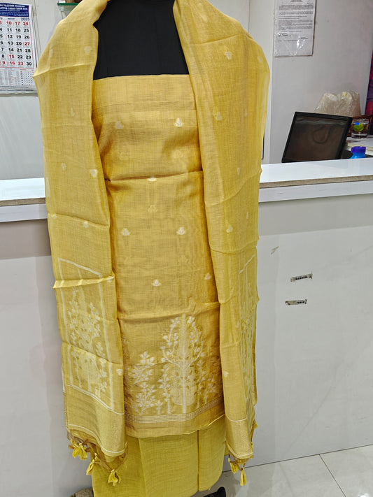 Bright Sunshine Yellow Pure Chanderi Jamdani Suit with Bottom
