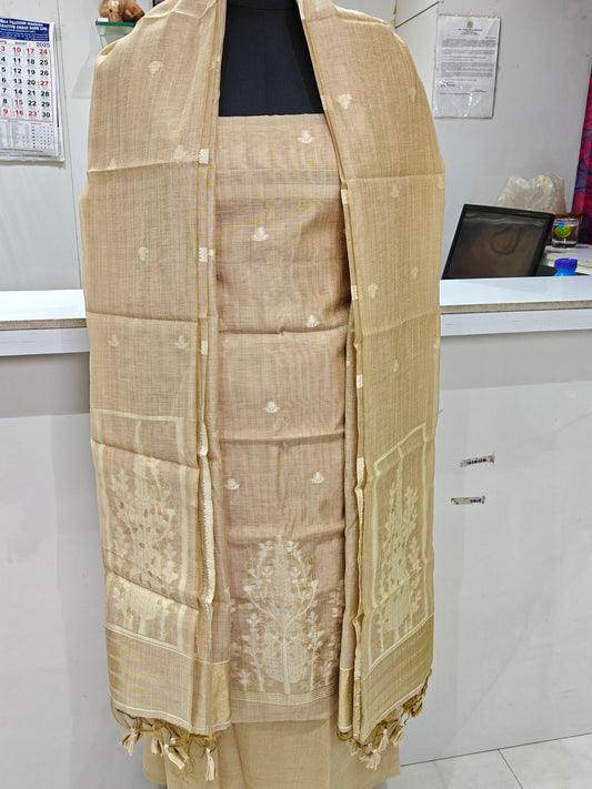 Classic Beige-Golden Pure Chanderi Jamdani Suit with Bottom