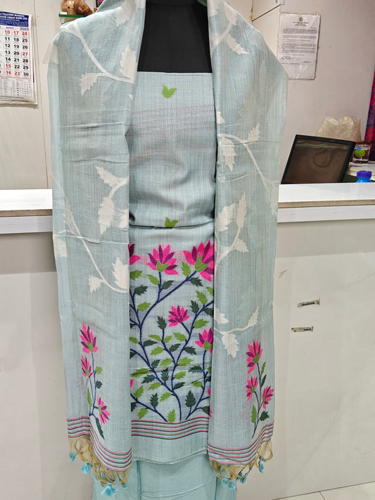 Elegant Light Pastel Blue Pure Chanderi Jamdani Weaving Suit Material with Bottom