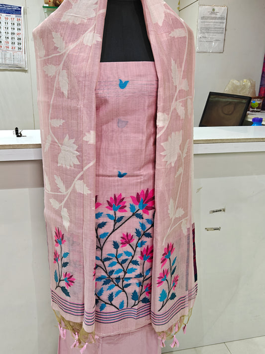 Soft Pastel Pink Pure Chanderi Jamdani Weaving Suit Material with Bottom – 2.5m Each
