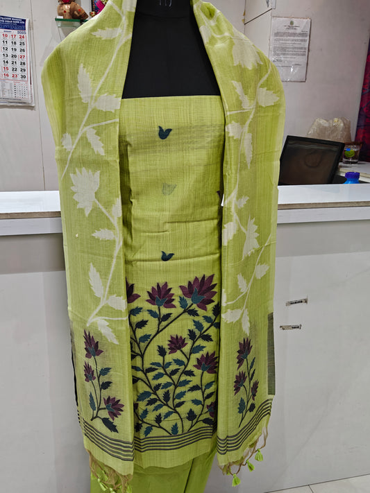 Light Lime Green Pure Chanderi Jamdani Weaving Suit Material with Bottom