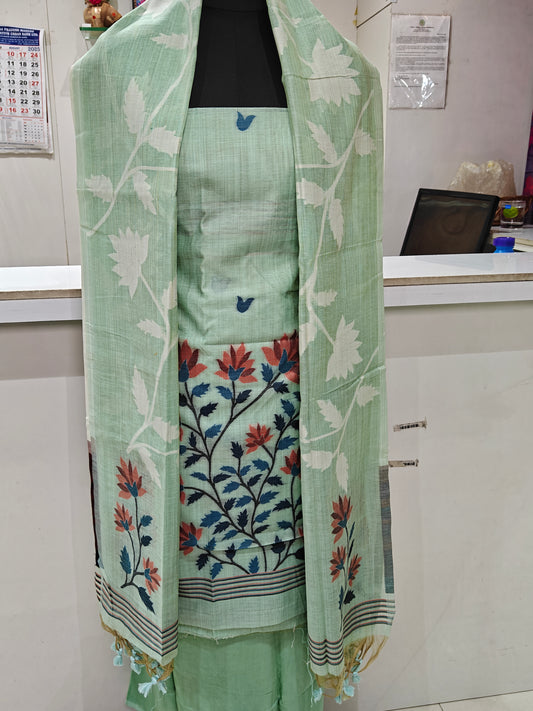 Mint Green Pure Chanderi Jamdani Weaving Suit Material with Bottom