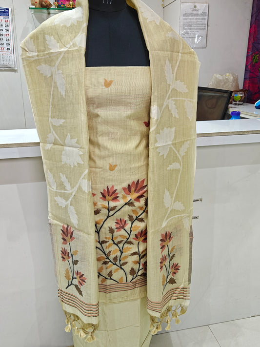 Light Beige Pure Chanderi Jamdani Weaving Suit Material with Bottom