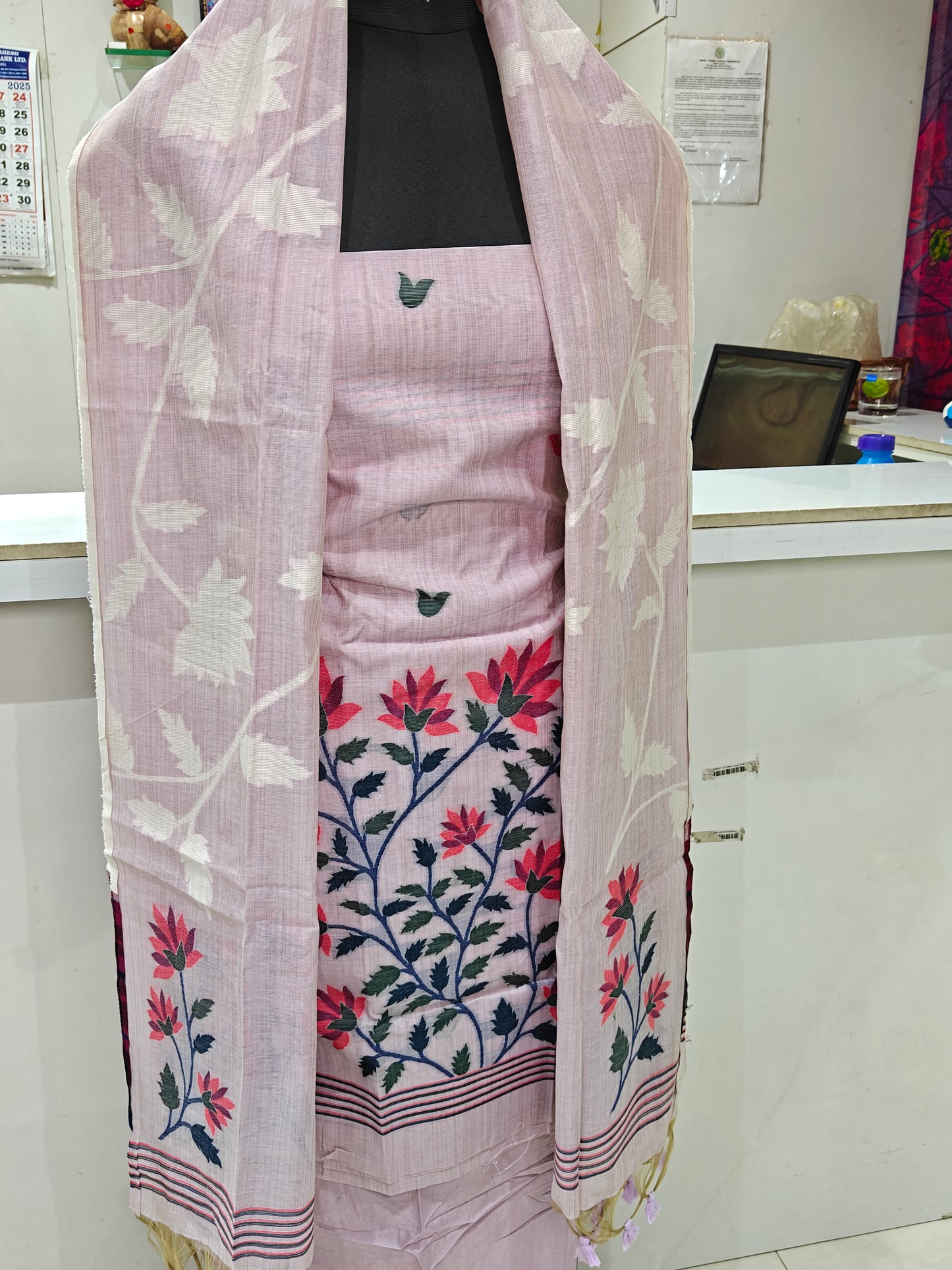 Pastel Pinkish-Lavender Pure Chanderi Jamdani Weaving Suit Material with Bottom – 2.5m Each