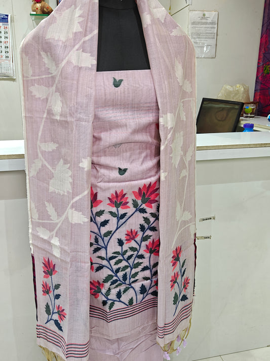Pastel Pinkish-Lavender Pure Chanderi Jamdani Weaving Suit Material with Bottom – 2.5m Each