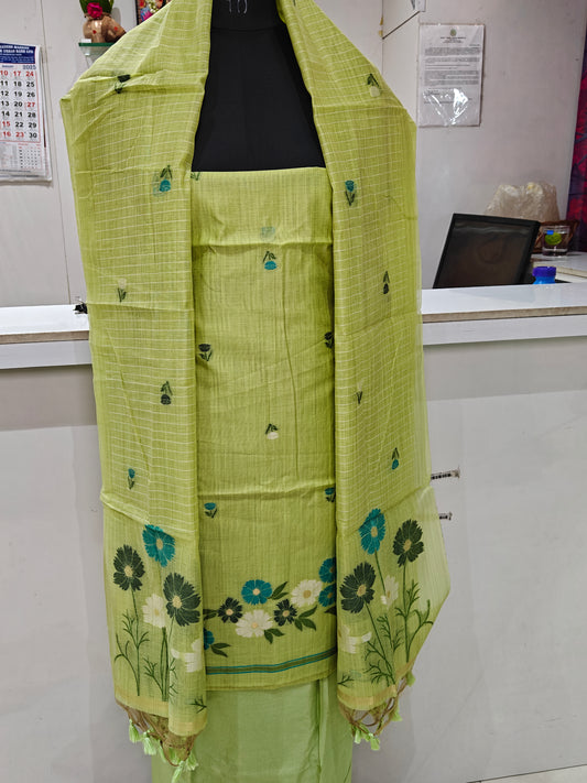 Green Pure Chanderi Jamdani Weaving Suit Material with Bottom – 2.5m Each