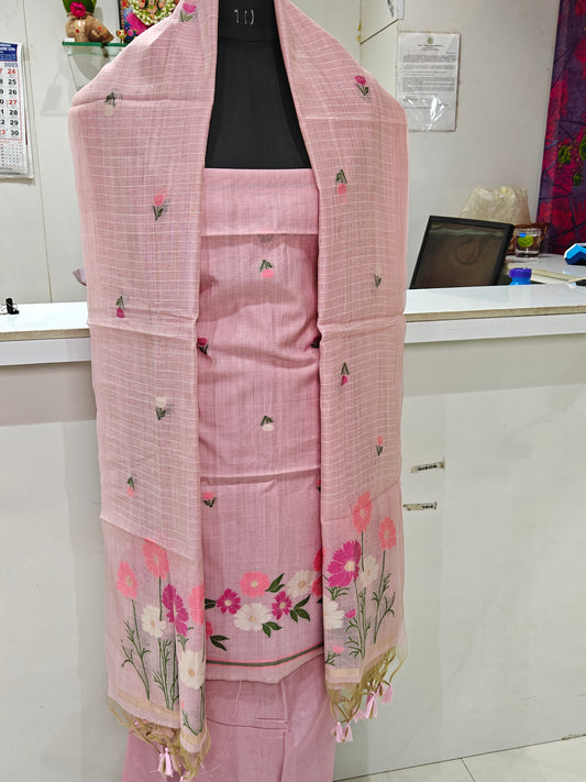 Classic Light Pink Pure Chanderi Jamdani Suit with Bottom