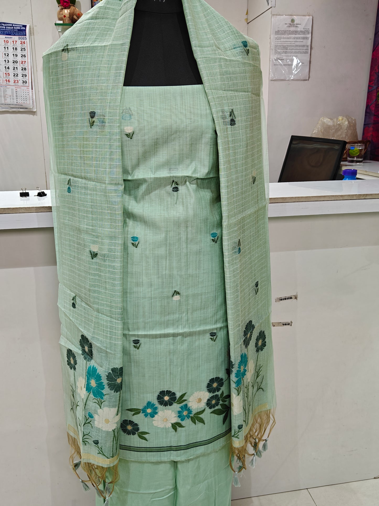 Classic Mint Green Pure Chanderi Jamdani Suit with Bottom