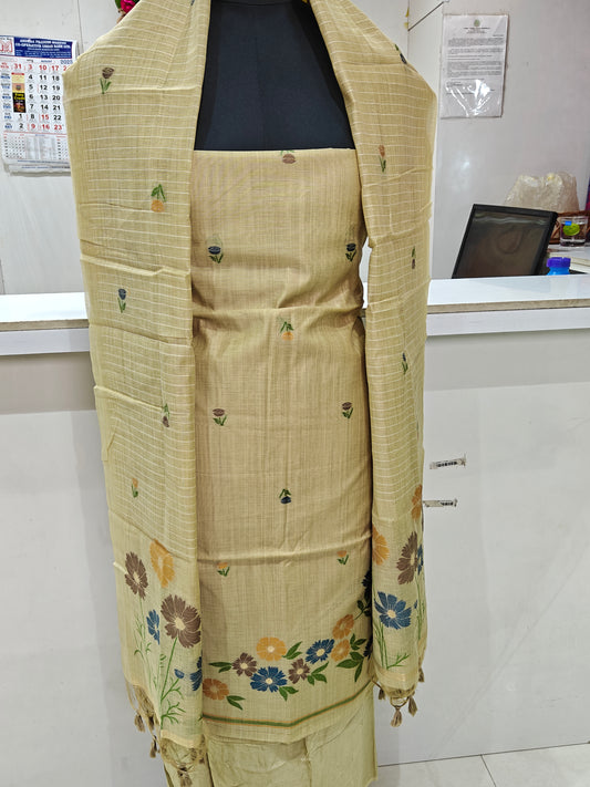 Light Beige Pure Chanderi Jamdani Suit with Bottom