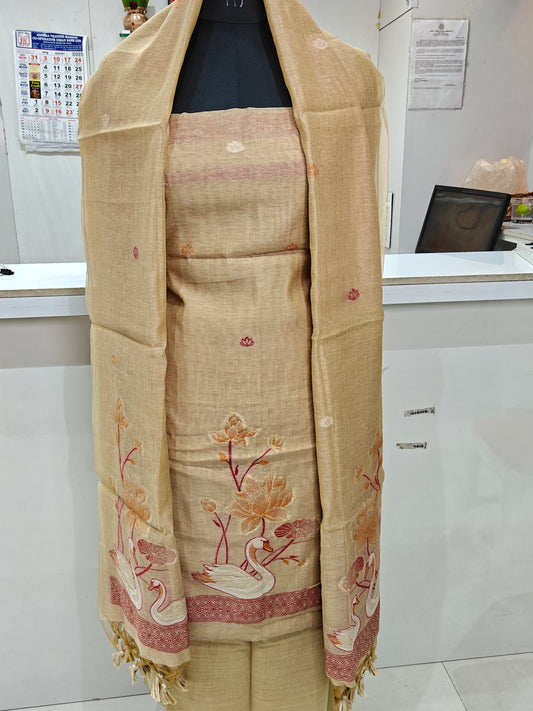 Golden Beige Pure Chanderi Jamdani Suit with Bottom