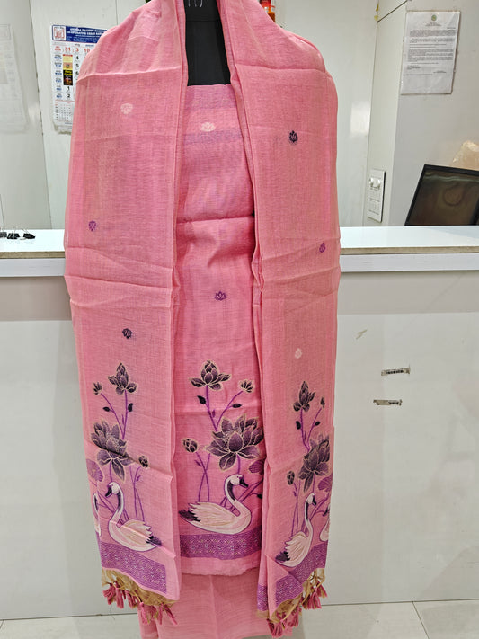 Bright Pink Pure Chanderi Jamdani Suit with Bottom