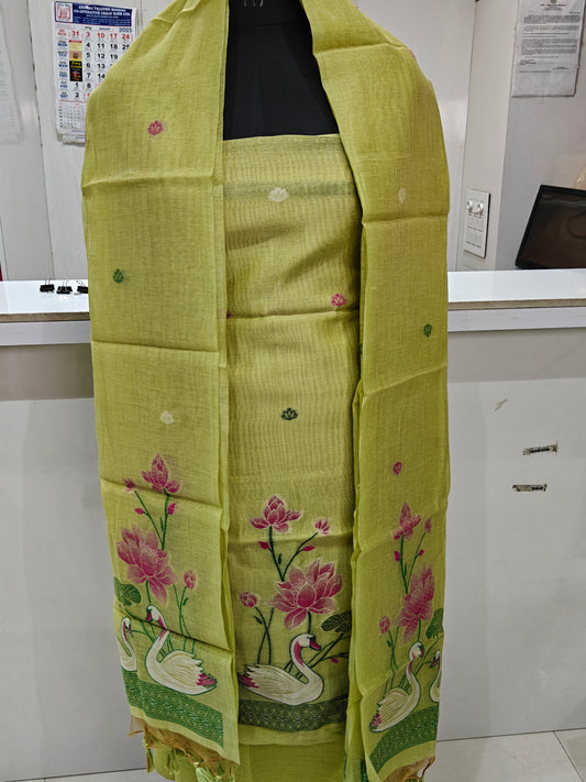 Light Olive Green Pure Chanderi Jamdani Suit with Bottom