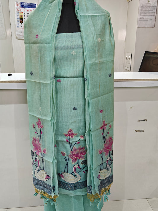 Light Sea Blue Pure Chanderi Jamdani Suit with Bottom