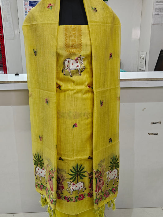 Bright Yellow Pure Chanderi Jamdani Suit with Bottom