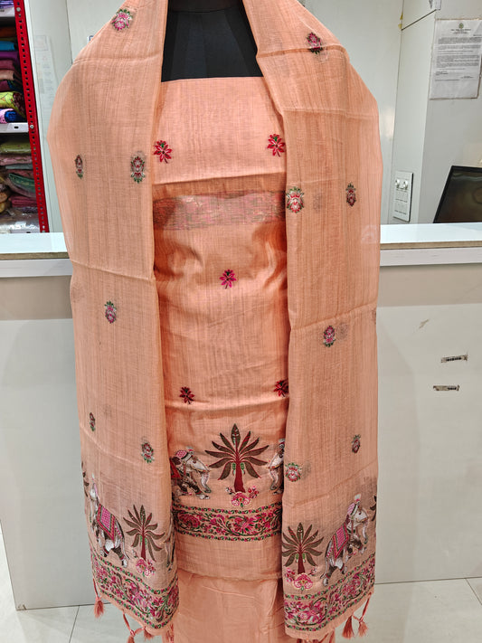 Elegant Peach Pure Chanderi Jamdani Suit with Bottom