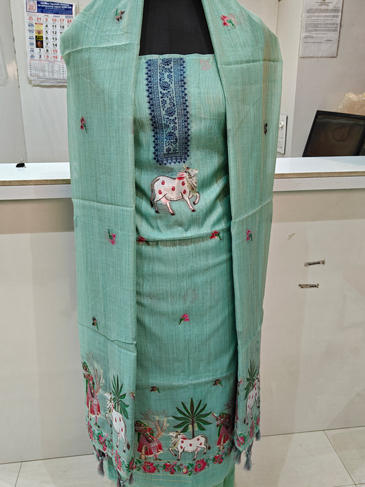 Serene Sea Green Pure Chanderi Jamdani Suit with Botto