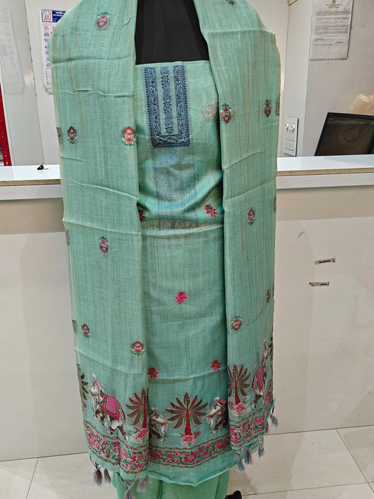 Elegant Sea Green Pure Chanderi Jamdani Suit with Bottom
