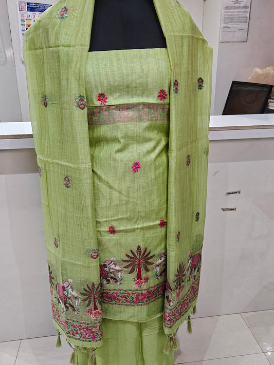 Light Parrot Green Pure Chanderi Jamdani Suit with Bottom