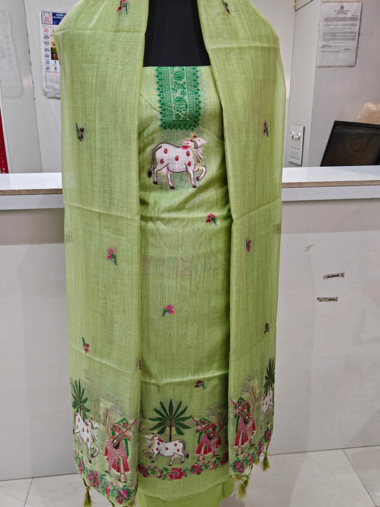 Light Pista Green Pure Chanderi Jamdani Suit with Bottom