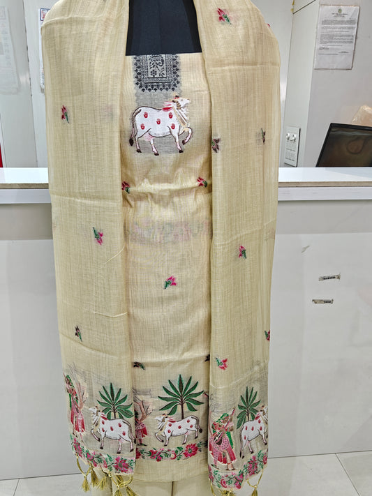 Elegant Beige Pure Chanderi Jamdani Suit with Bottom
