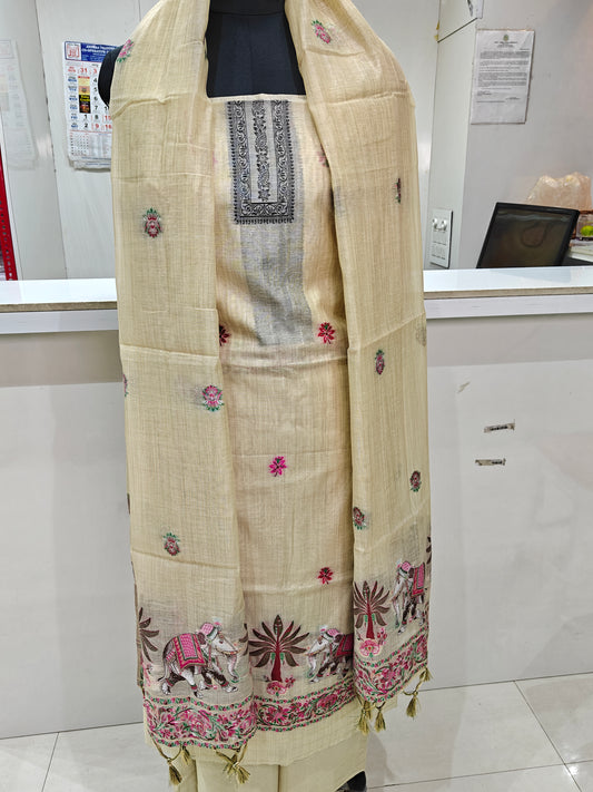 Ivory-Beige Pure Chanderi Jamdani Suit with Bottom