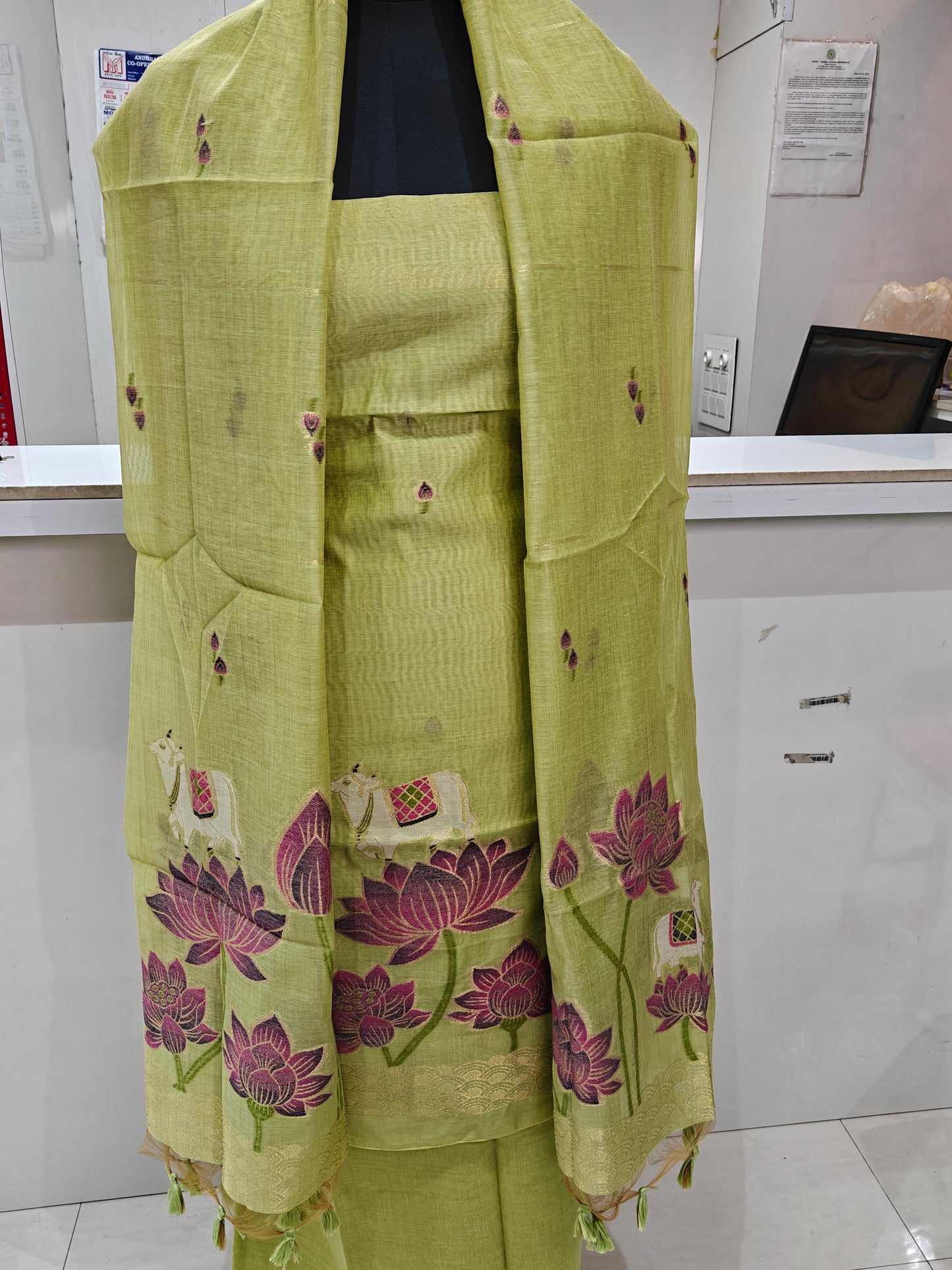 Lime Green Pure Chanderi Jamdani Suit with Bottom