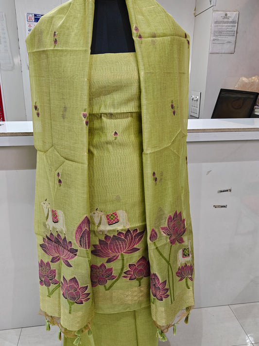 Lime Green Pure Chanderi Jamdani Suit with Bottom