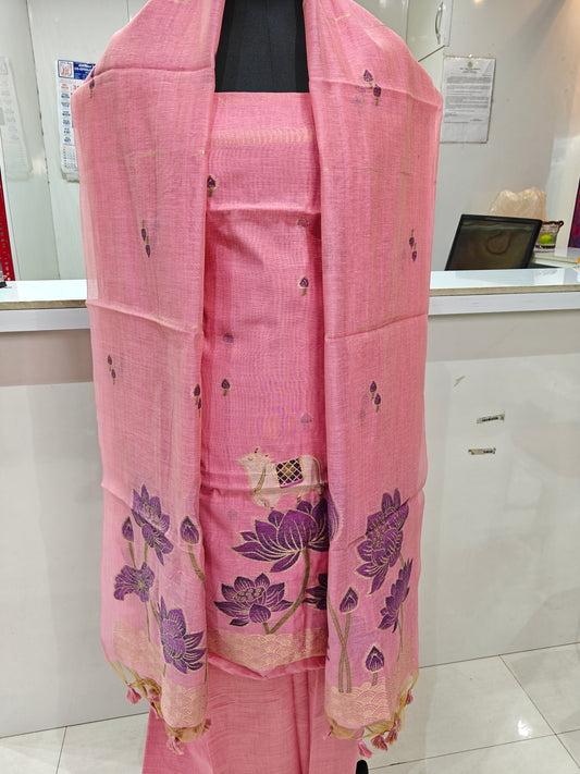 Bright Pink Pure Chanderi Jamdani Suit with Bottom