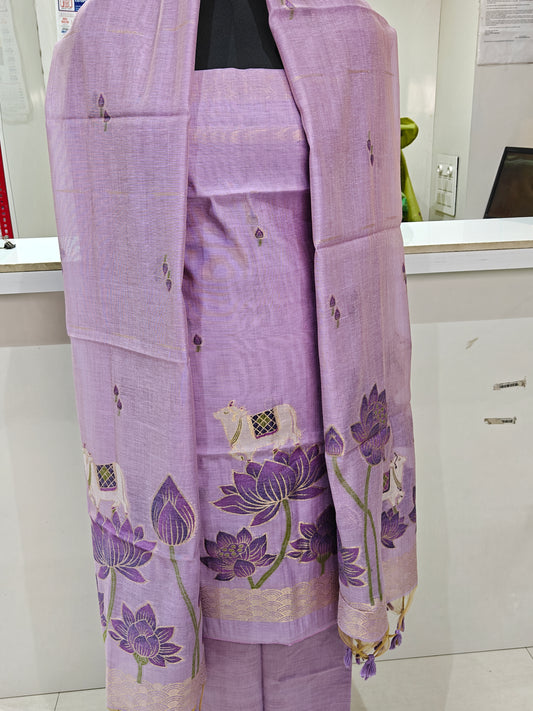 Lavender Purple Pure Chanderi Jamdani Suit with Bottom