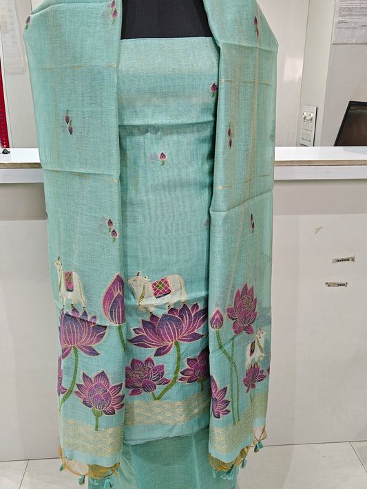 Aqua Green Pure Chanderi Jamdani Suit with Bottom