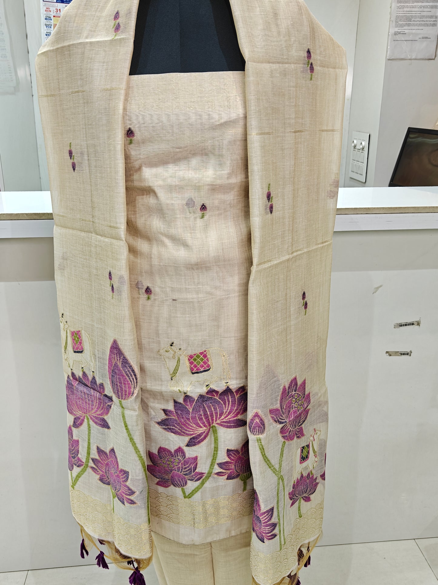 Elegant Beige Base Pure Chanderi Jamdani Suit with Bottom