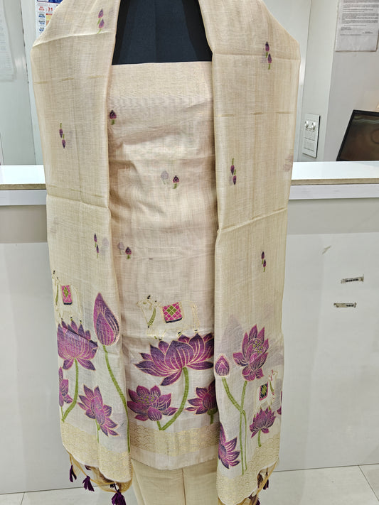 Elegant Beige Base Pure Chanderi Jamdani Suit with Bottom