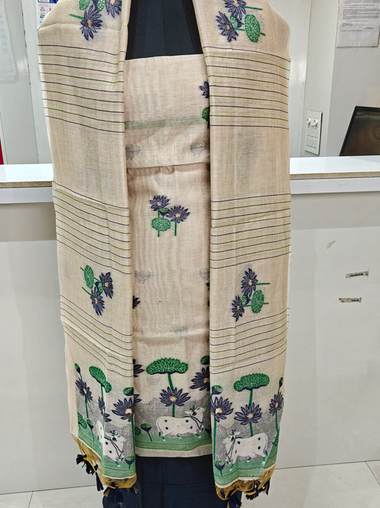 Soft Beige Base Pure Chanderi Jamdani Suit with Bottom