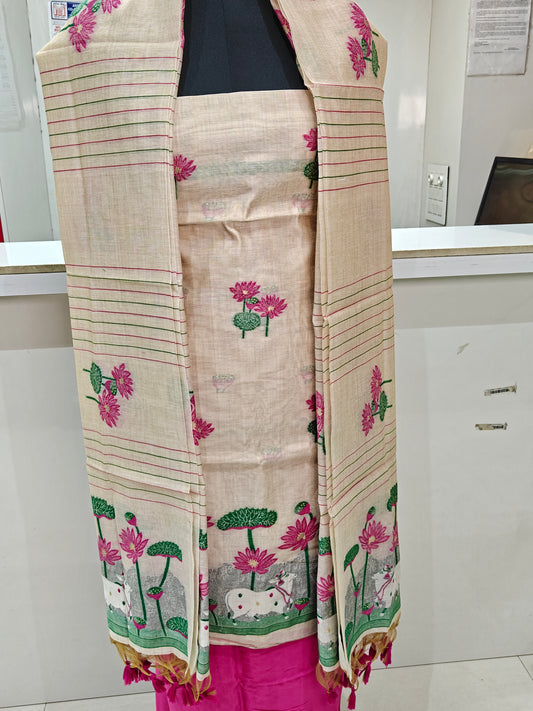 Classic Cream Base Pure Chanderi Jamdani Suit with Bottom