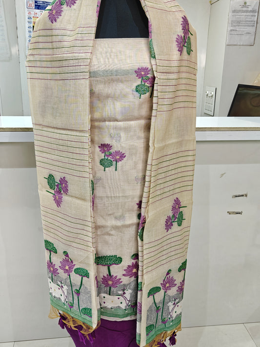 Elegant Cream Base Pure Chanderi Weaved Jamdani Suit with Bottom