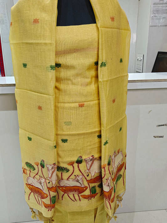 Solid Yellow Base Pure Chanderi Weaved Jamdani Suit with Bottom