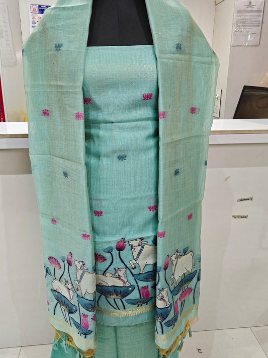 Mint Green Pure Chanderi Weaved Jamdani Suit with Bottom