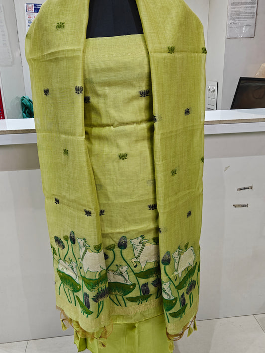 Lime Green Pure Chanderi Weaved Jamdani Suit with Bottom