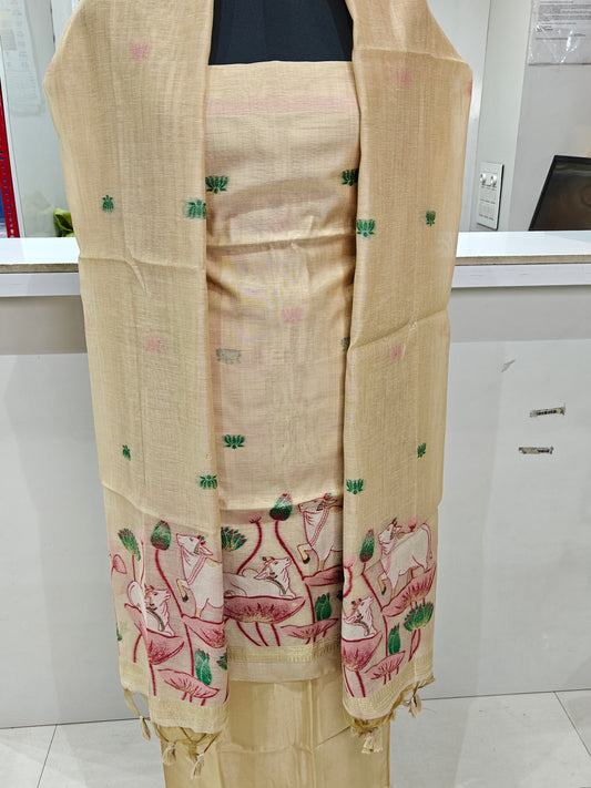 Cream Base Pure Chanderi Weaved Jamdani Suit with Bottom