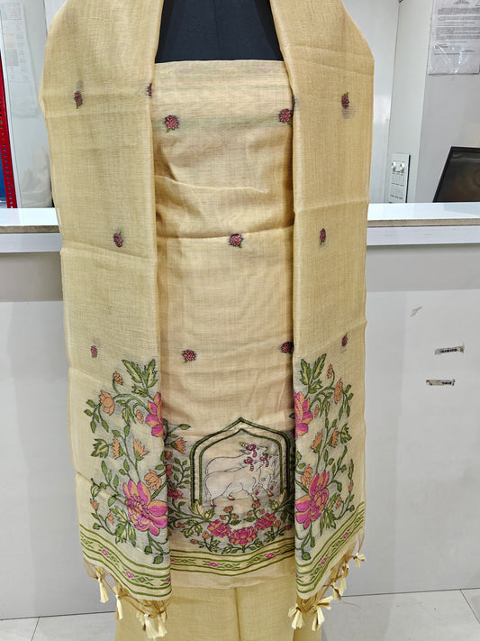 Beige Base Pure Chanderi Weaved Jamdani Suit with Bottom