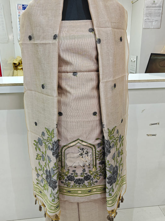 Light Beige Base Pure Chanderi Weaved Jamdani Suit with Bottom