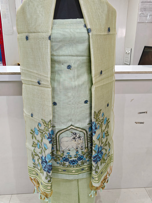 Light Pastel Green Pure Chanderi Weaved Jamdani Suit with Bottom
