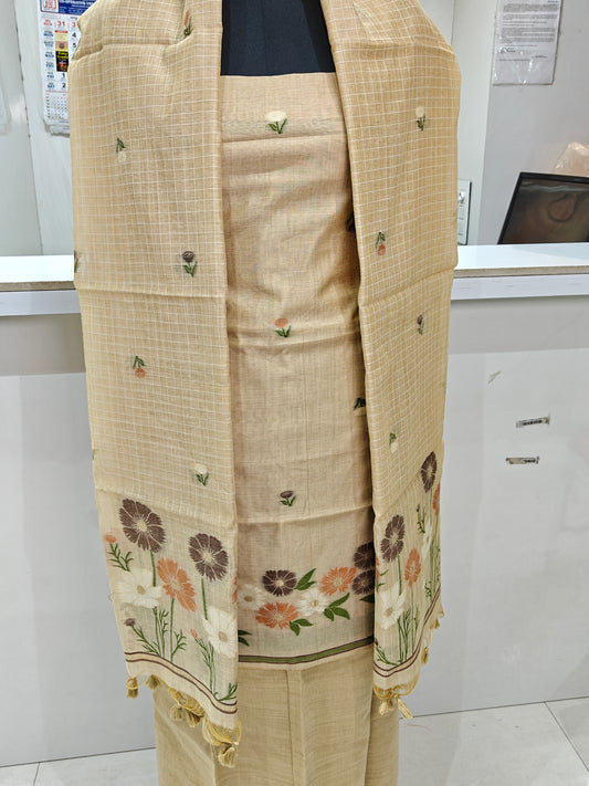 Wheat Color Pure Chanderi Weaved Jamdani Suit with Bottom