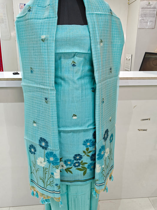 Aqua Blue Pure Chanderi Weaved Jamdani Suit with Bottom