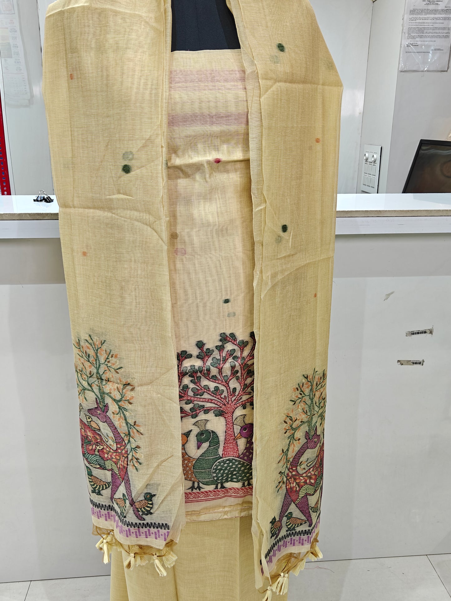 Warm Beige Pure Chanderi Weaved Jamdani Suit with Bottom
