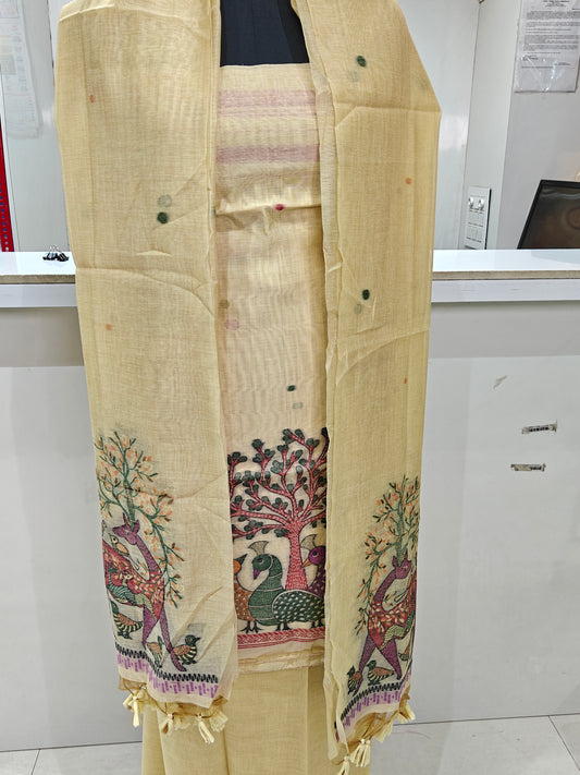 Warm Beige Pure Chanderi Weaved Jamdani Suit with Bottom