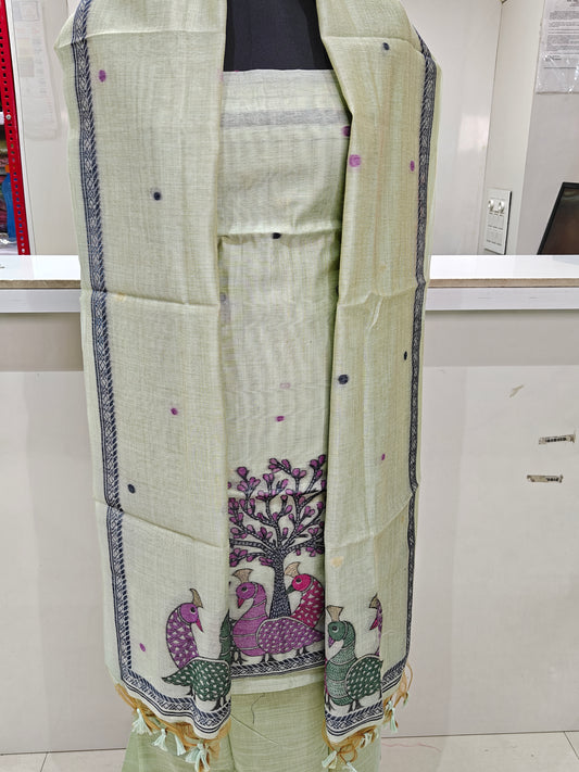 Light Sage Green Pure Chanderi Weaved Jamdani Suit with Bottom