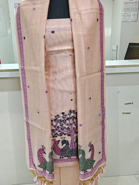 Light Peach Pure Chanderi Weaved Jamdani Suit with Bottom
