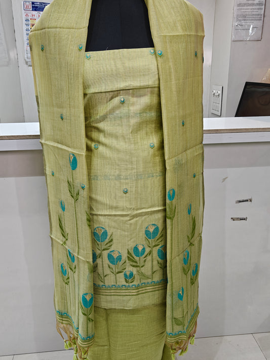Light Green Pure Chanderi Weaved Jamdani Suit with Bottom