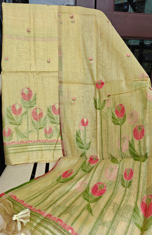 Light Yellow Pure Chanderi Jamdani Suit with Bottom